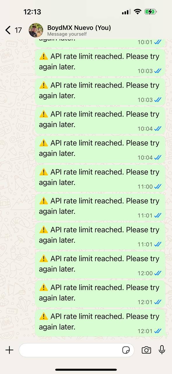 WhatsApp showing API rate limit errors